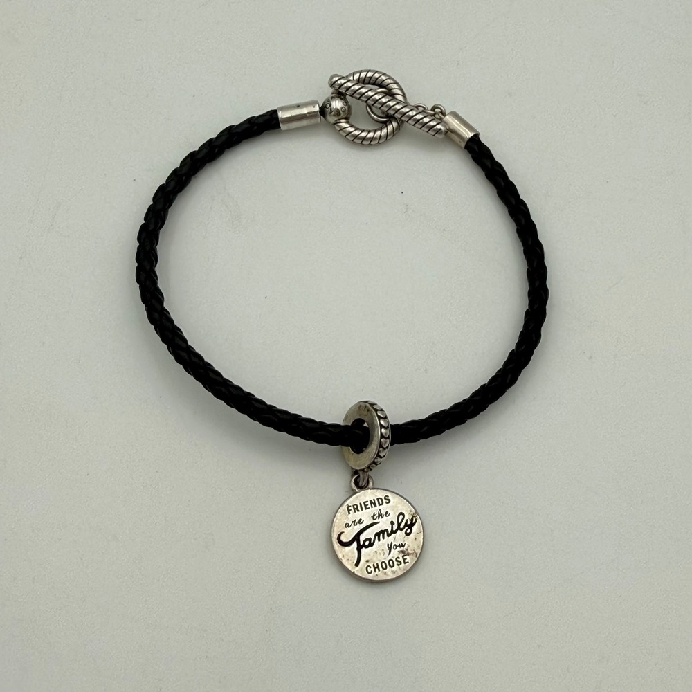 Pandora Black Braided Leather Bracelet Friends Family You Choose Charm 6.75in